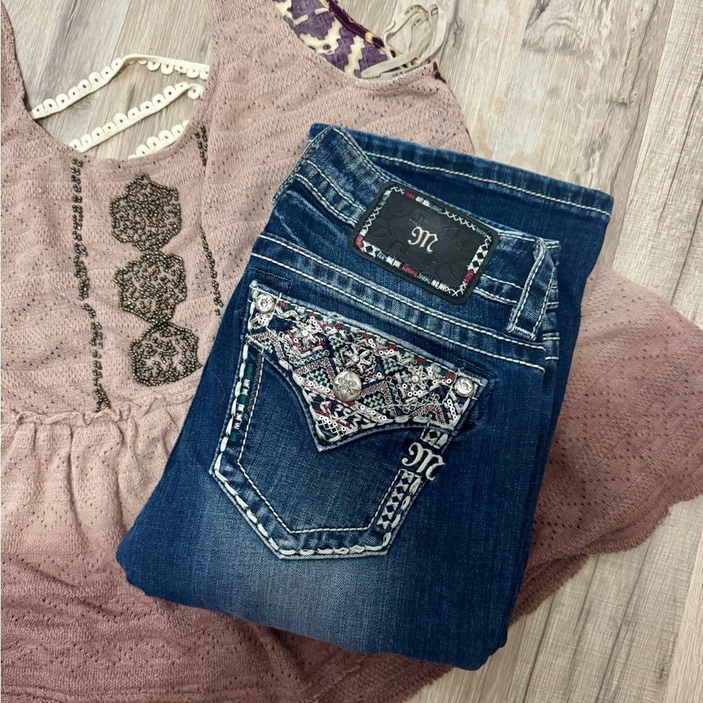 Miss Me Blue Boot Cut Jeans with Embellished Pockets